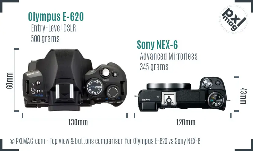 Olympus E-620 vs Sony NEX-6 top view buttons comparison