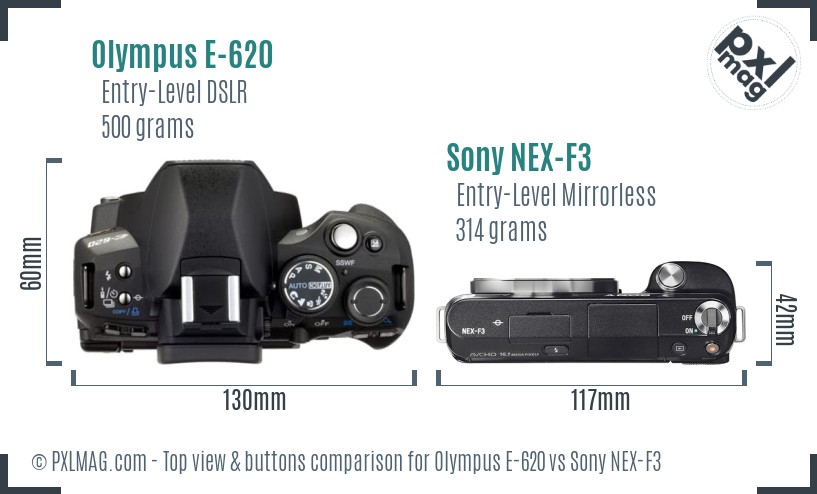 Olympus E-620 vs Sony NEX-F3 top view buttons comparison