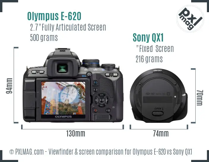 Olympus E-620 vs Sony QX1 Screen and Viewfinder comparison