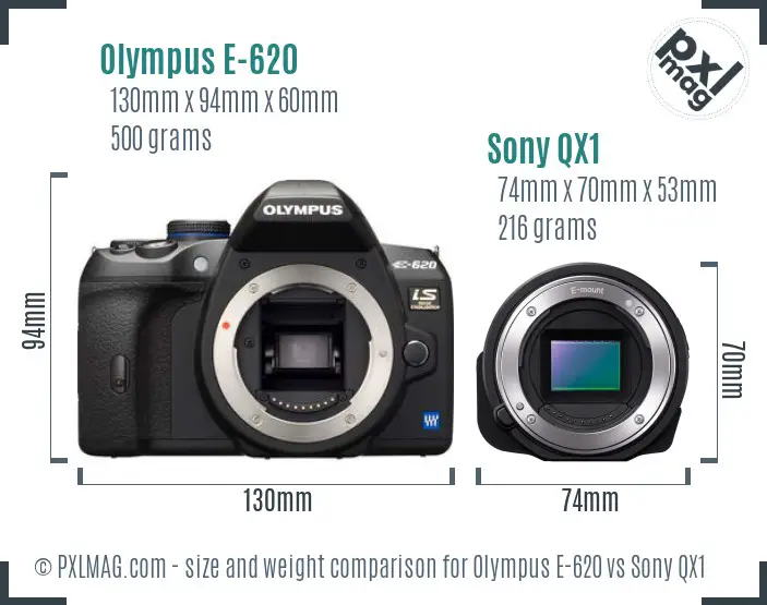 Olympus E-620 vs Sony QX1 size comparison