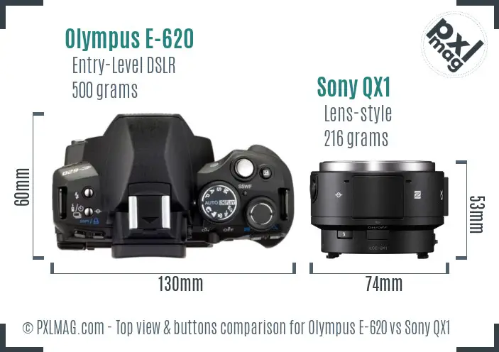 Olympus E-620 vs Sony QX1 top view buttons comparison