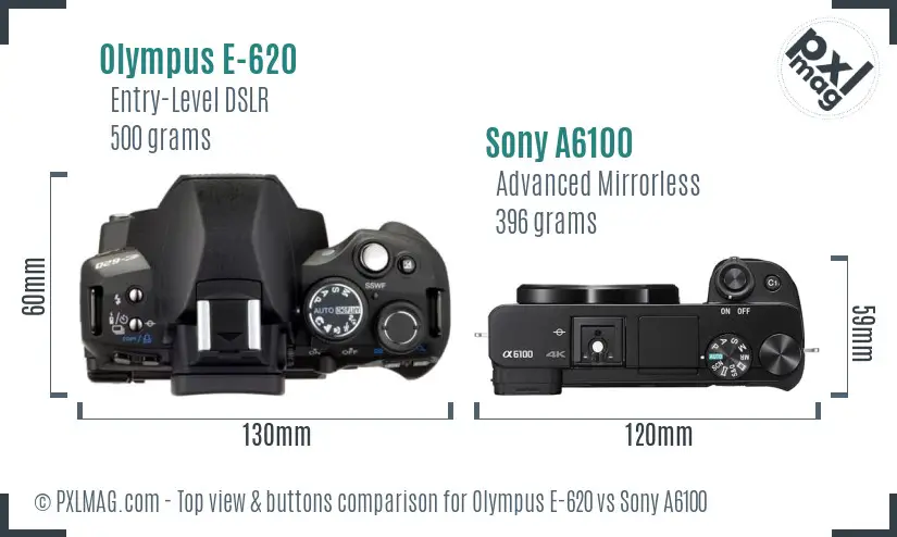 Olympus E-620 vs Sony A6100 top view buttons comparison