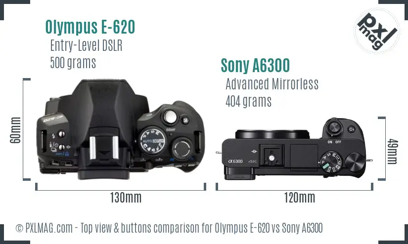 Olympus E-620 vs Sony A6300 top view buttons comparison