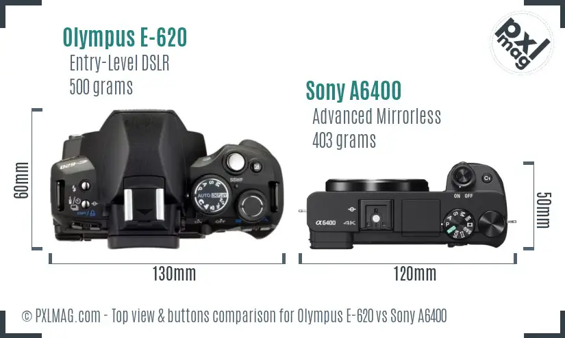 Olympus E-620 vs Sony A6400 top view buttons comparison