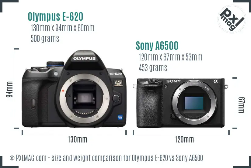 Olympus E-620 vs Sony A6500 size comparison