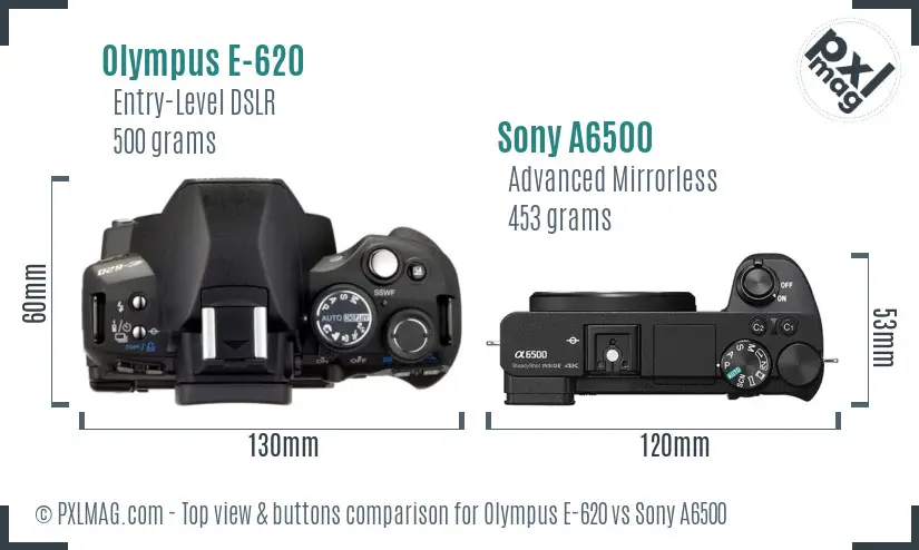 Olympus E-620 vs Sony A6500 top view buttons comparison