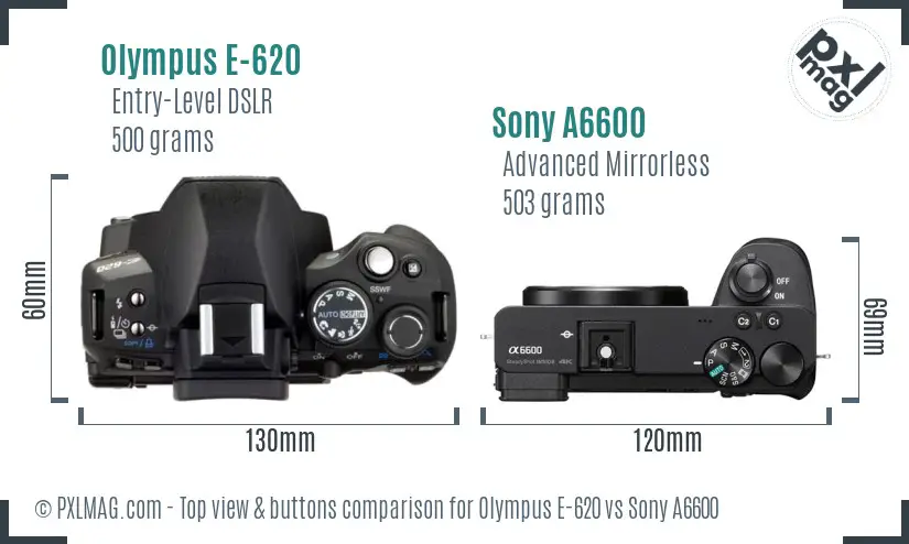 Olympus E-620 vs Sony A6600 top view buttons comparison