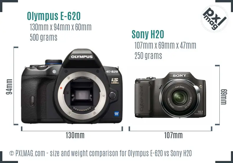 Olympus E-620 vs Sony H20 size comparison