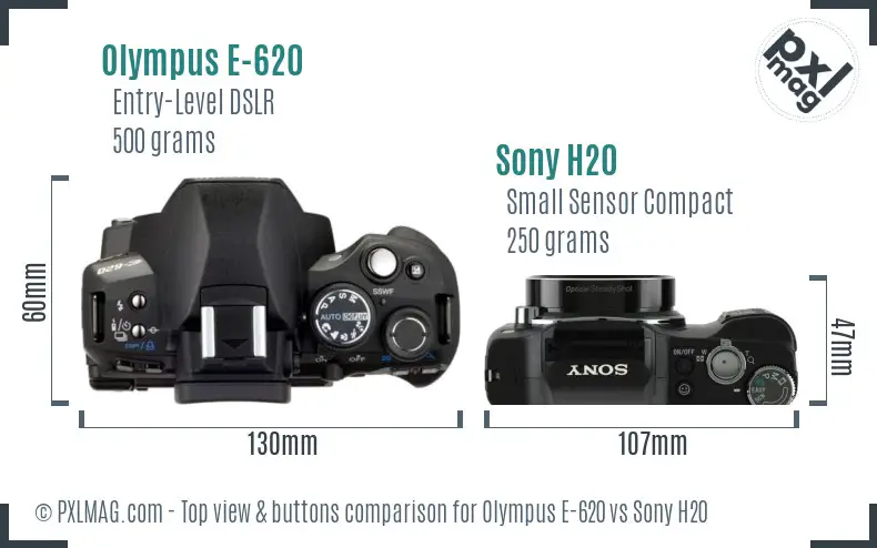 Olympus E-620 vs Sony H20 top view buttons comparison