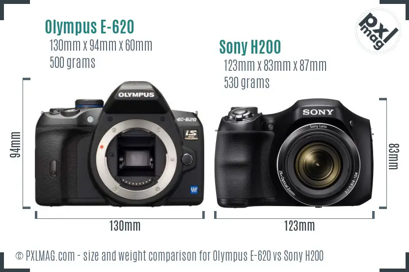 Olympus E-620 vs Sony H200 size comparison