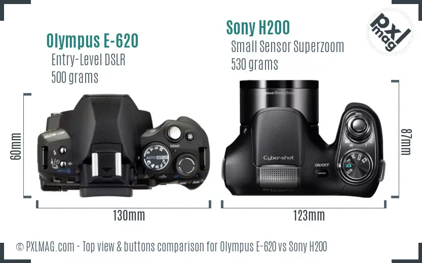 Olympus E-620 vs Sony H200 top view buttons comparison