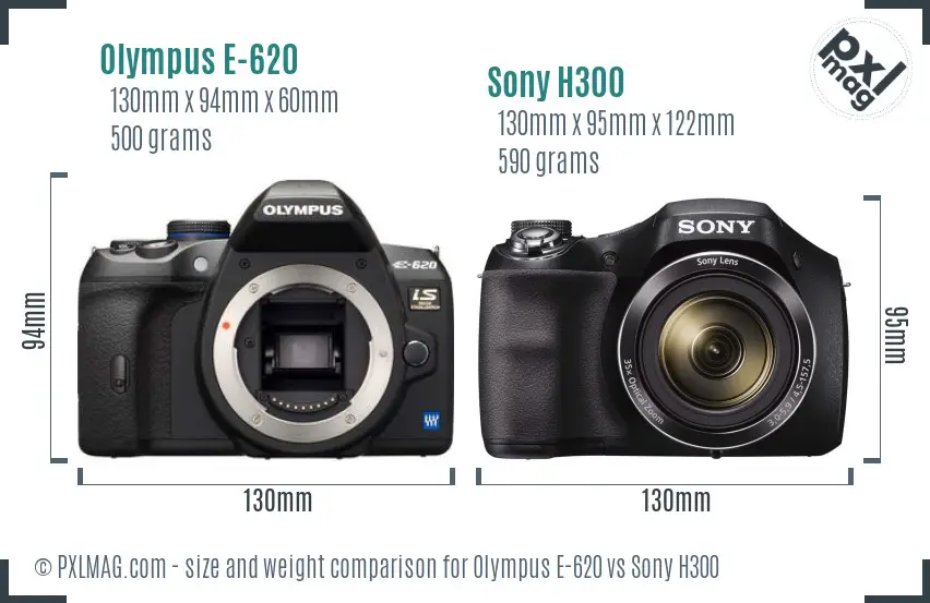 Olympus E-620 vs Sony H300 size comparison