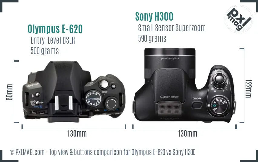 Olympus E-620 vs Sony H300 top view buttons comparison