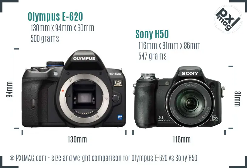 Olympus E-620 vs Sony H50 size comparison
