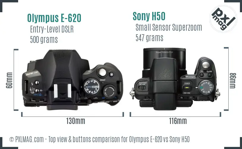Olympus E-620 vs Sony H50 top view buttons comparison