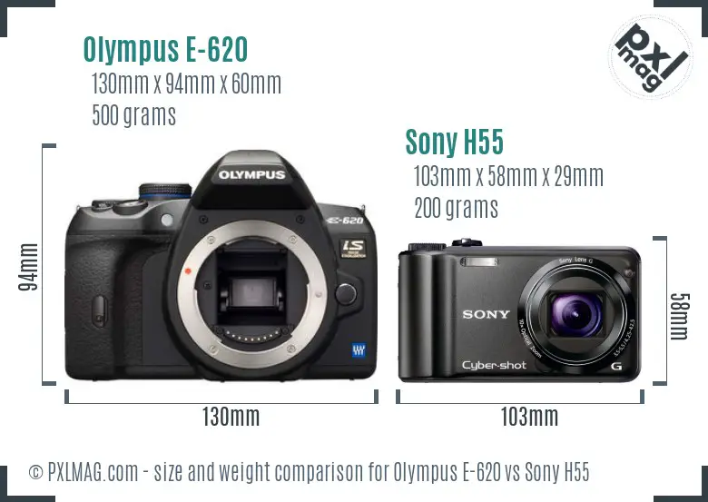 Olympus E-620 vs Sony H55 size comparison