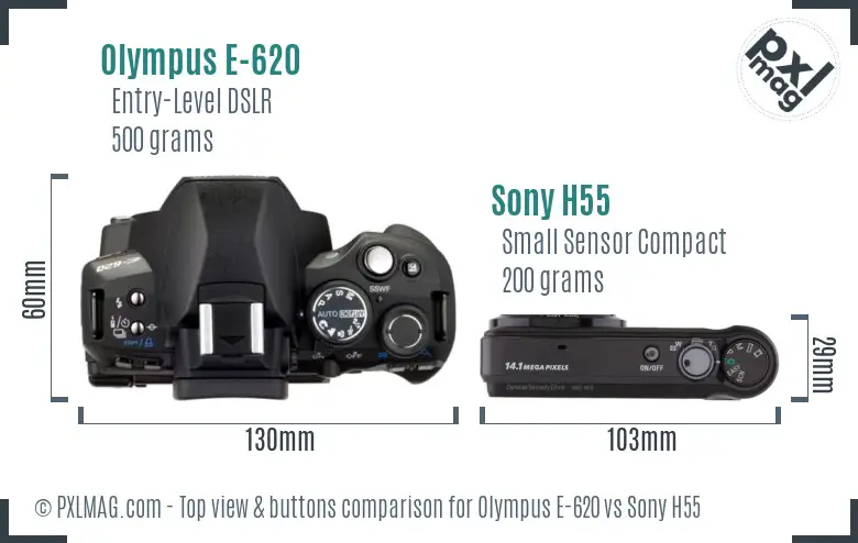 Olympus E-620 vs Sony H55 top view buttons comparison
