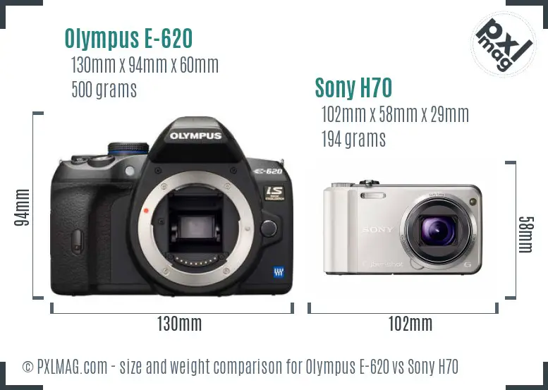 Olympus E-620 vs Sony H70 size comparison