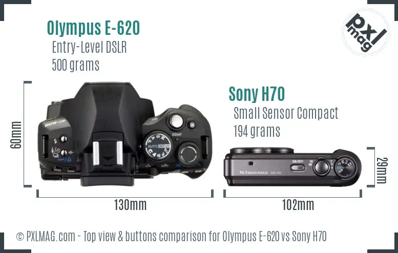 Olympus E-620 vs Sony H70 top view buttons comparison