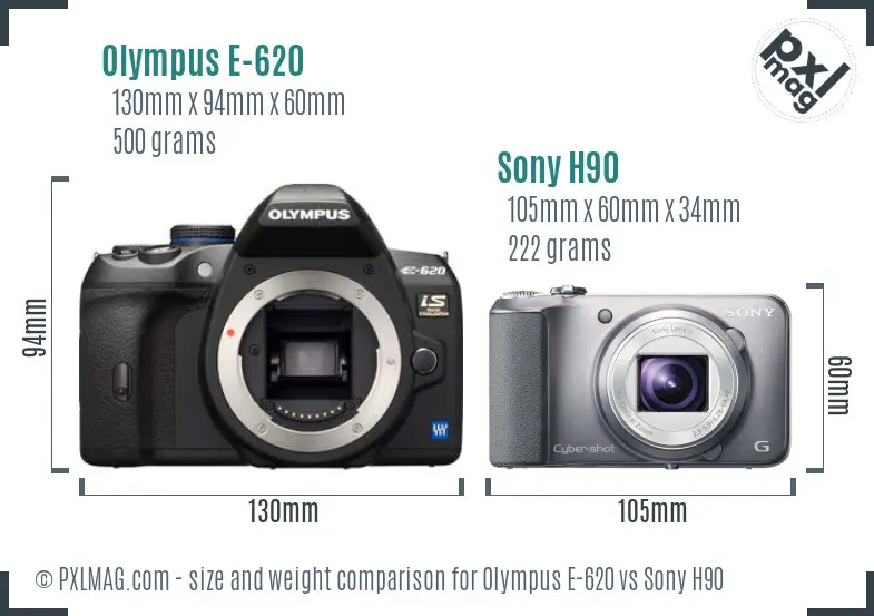 Olympus E-620 vs Sony H90 size comparison