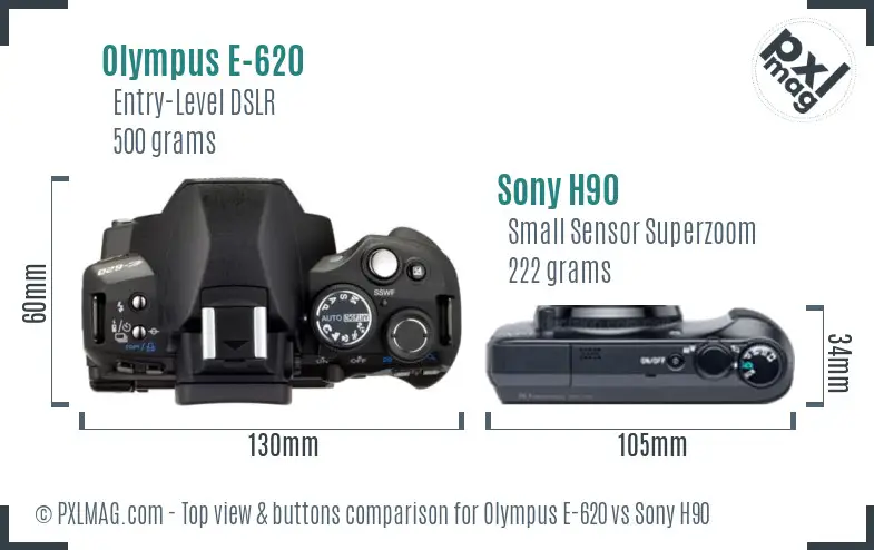 Olympus E-620 vs Sony H90 top view buttons comparison