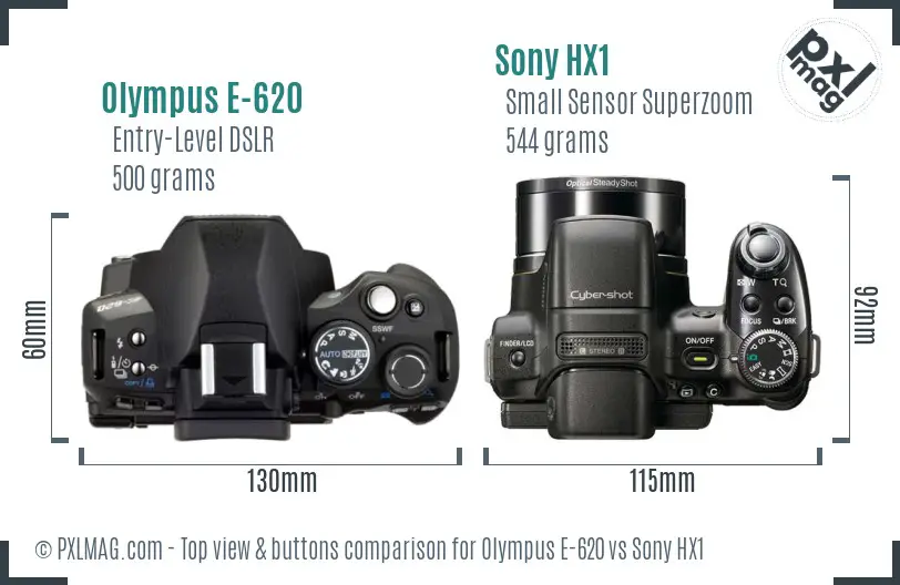 Olympus E-620 vs Sony HX1 top view buttons comparison