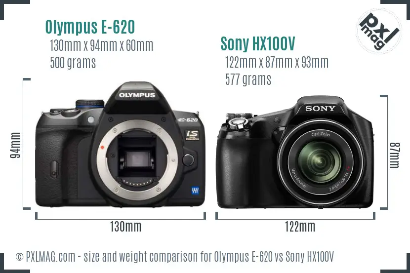 Olympus E-620 vs Sony HX100V size comparison