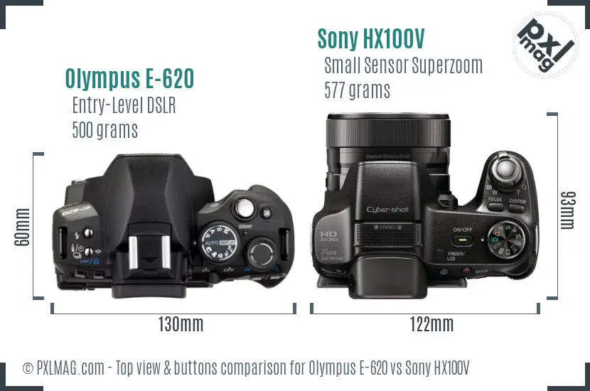 Olympus E-620 vs Sony HX100V top view buttons comparison