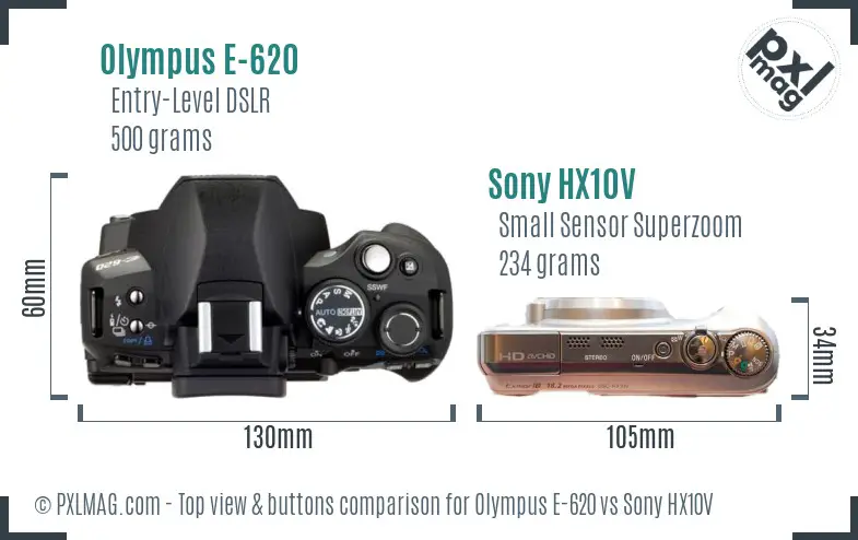 Olympus E-620 vs Sony HX10V top view buttons comparison