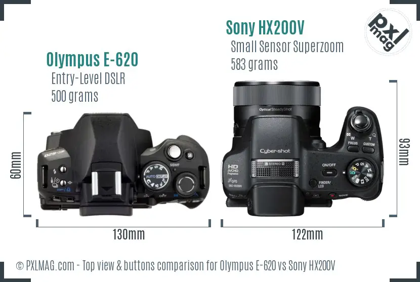 Olympus E-620 vs Sony HX200V top view buttons comparison