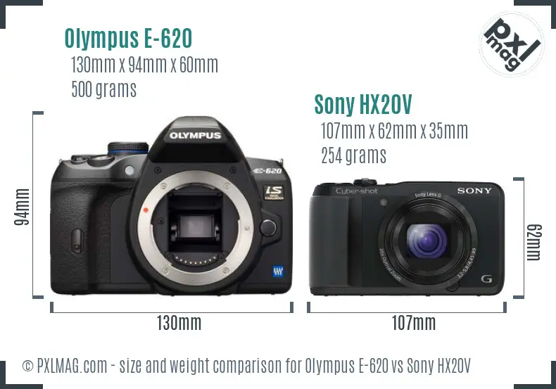 Olympus E-620 vs Sony HX20V size comparison