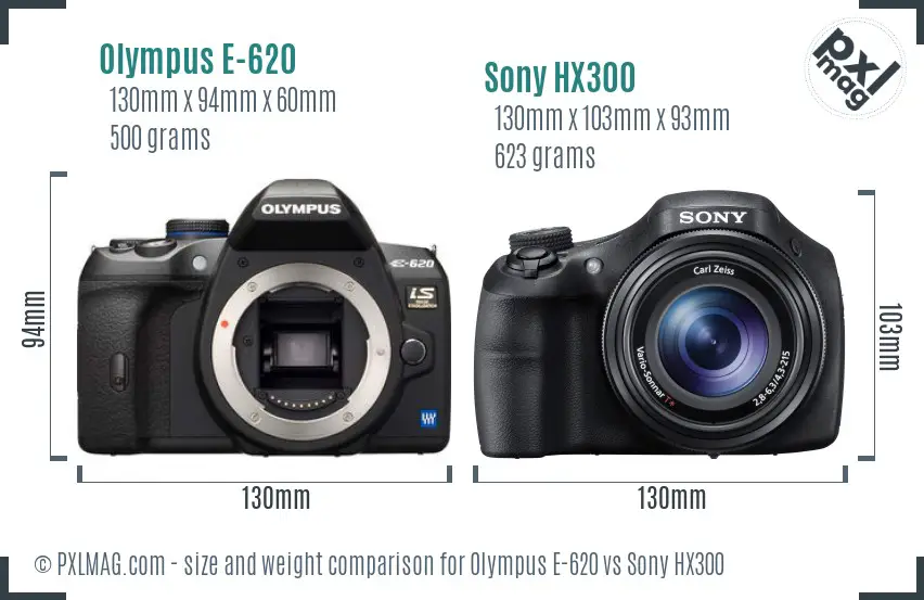Olympus E-620 vs Sony HX300 size comparison