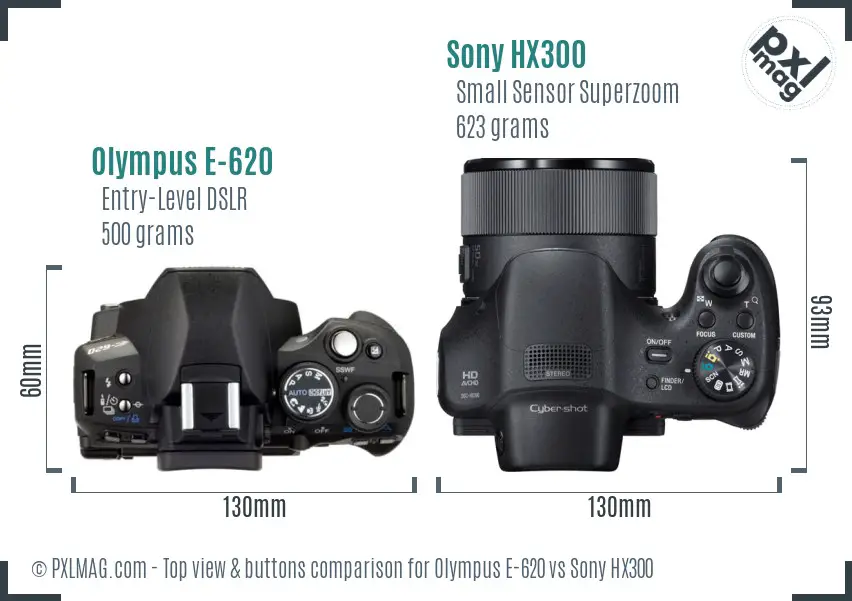 Olympus E-620 vs Sony HX300 top view buttons comparison