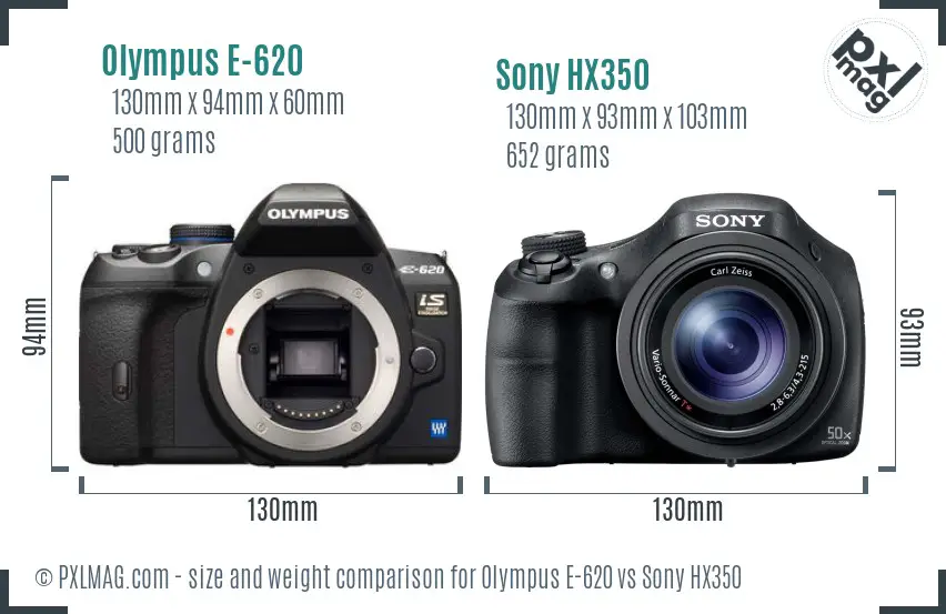 Olympus E-620 vs Sony HX350 size comparison