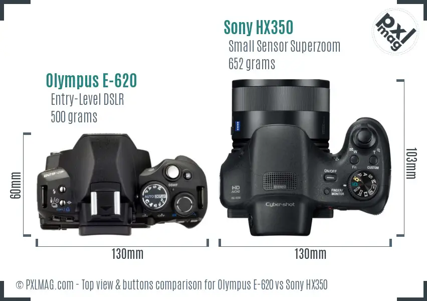 Olympus E-620 vs Sony HX350 top view buttons comparison