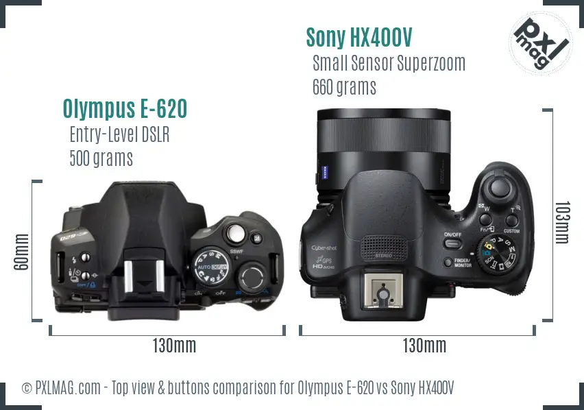 Olympus E-620 vs Sony HX400V top view buttons comparison