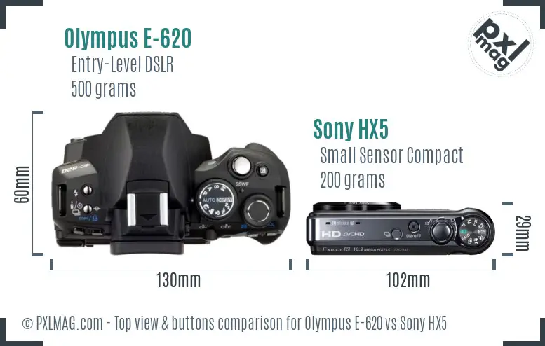 Olympus E-620 vs Sony HX5 top view buttons comparison