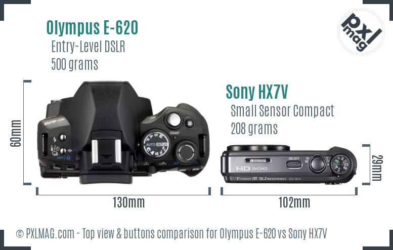 Olympus E-620 vs Sony HX7V top view buttons comparison