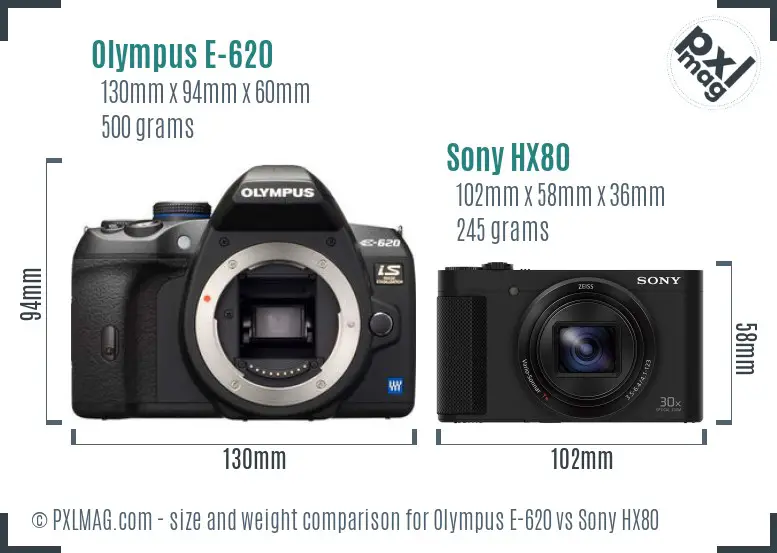 Olympus E-620 vs Sony HX80 size comparison
