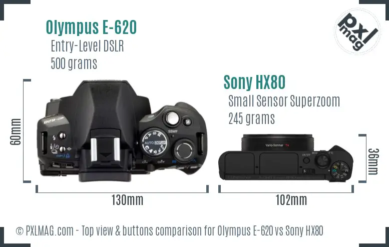 Olympus E-620 vs Sony HX80 top view buttons comparison