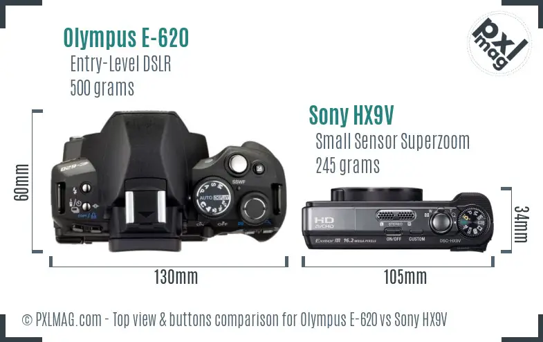 Olympus E-620 vs Sony HX9V top view buttons comparison