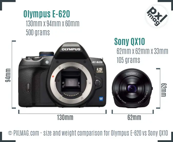 Olympus E-620 vs Sony QX10 size comparison