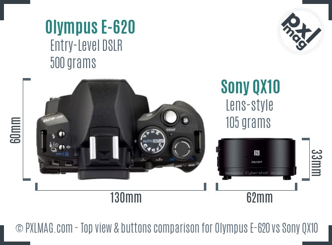 Olympus E-620 vs Sony QX10 top view buttons comparison