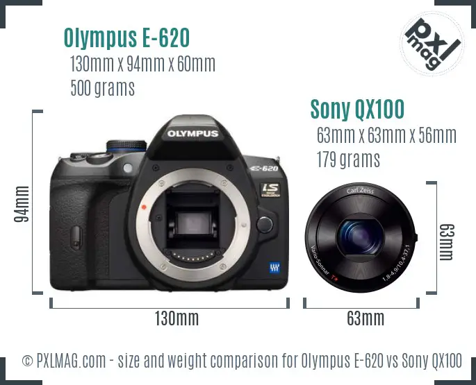 Olympus E-620 vs Sony QX100 size comparison