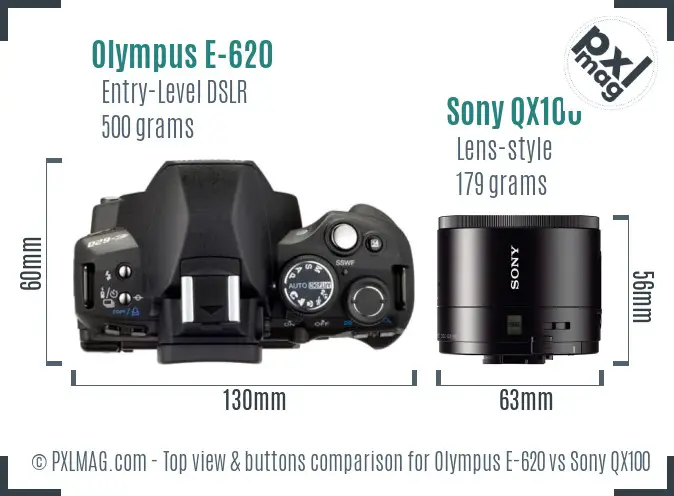 Olympus E-620 vs Sony QX100 top view buttons comparison