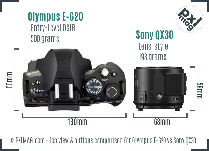 Olympus E-620 vs Sony QX30 top view buttons comparison