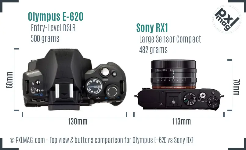 Olympus E-620 vs Sony RX1 top view buttons comparison