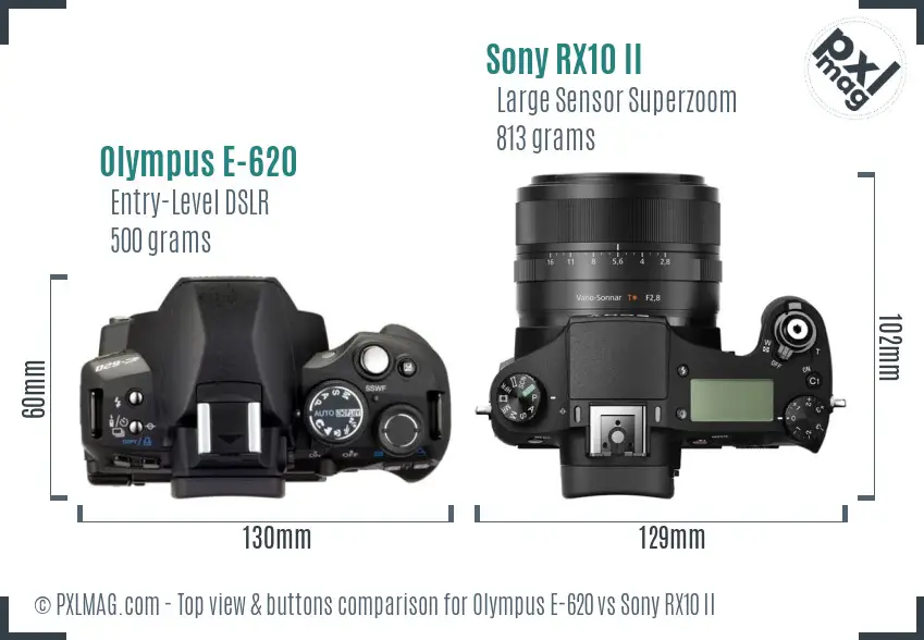 Olympus E-620 vs Sony RX10 II top view buttons comparison