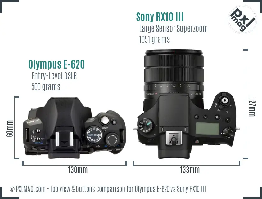 Olympus E-620 vs Sony RX10 III top view buttons comparison