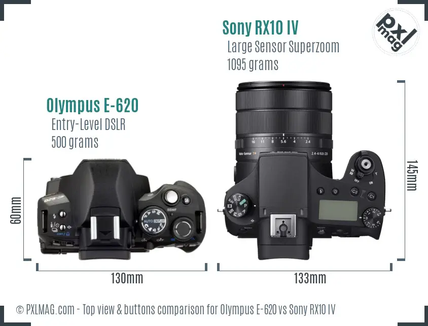 Olympus E-620 vs Sony RX10 IV top view buttons comparison
